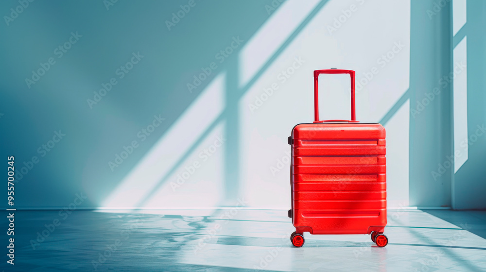 Obraz premium A vibrant red suitcase is positioned in a sunlit room, casting shadows on the sleek floor, evoking feelings of travel and adventure waiting to begin