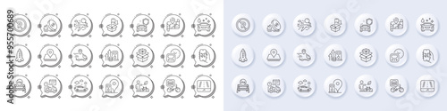 Car travel, Flight mode and Petrol station line icons. White pin 3d buttons, chat bubbles icons. Pack of Search flight, Pin, Packing boxes icon. No parking, Metro, Gps pictogram. Vector