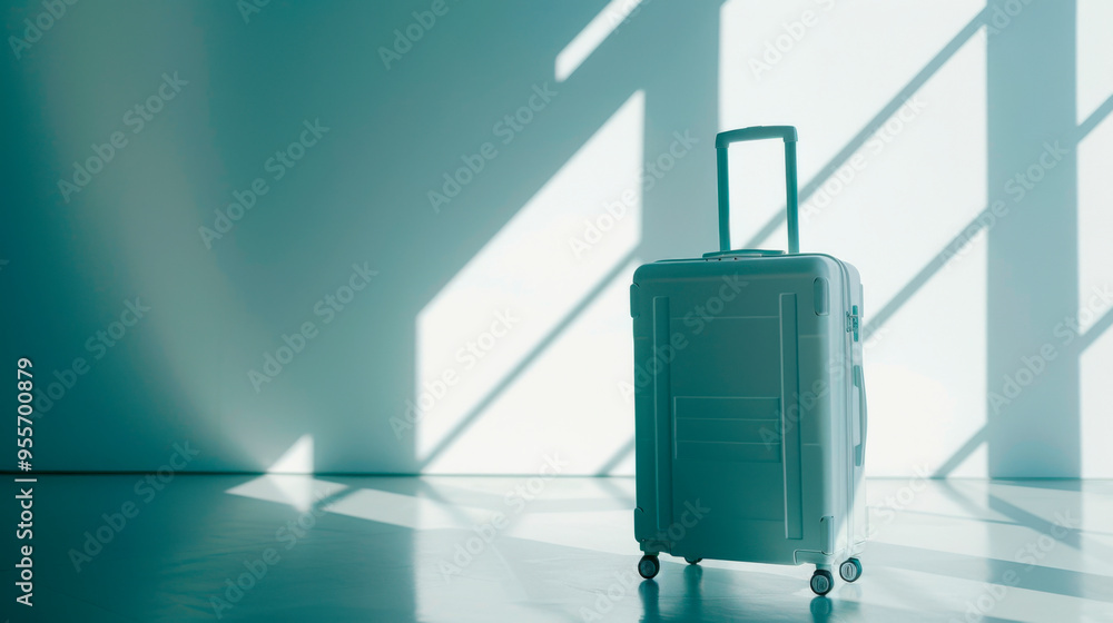 Obraz premium The suitcase stands unused in a well-lit room, with sunlight casting geometric shadows on the wall, suggesting anticipation of travel or adventure ahead