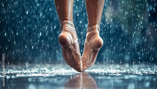 Ballet dancer s pointe shoes gracefully moving on stage amidst a rainy atmosphere photo