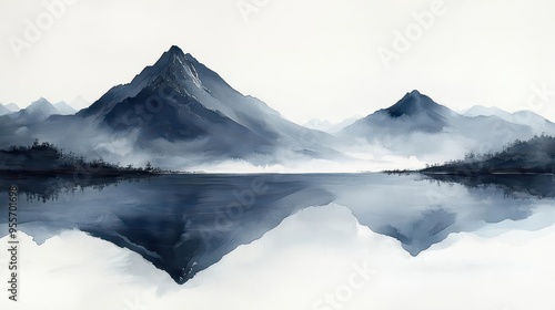 minimalist japanese landscape bold black ink strokes depict serene lake and mountains negative space creates atmospheric depth zeninspired composition with delicate balance of elements