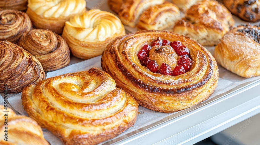Freshly baked pastries in a bakery display, Monday morning, delicious start to the day Freshly baked pastries in a bakery display, Monday morning, delicious start to the day