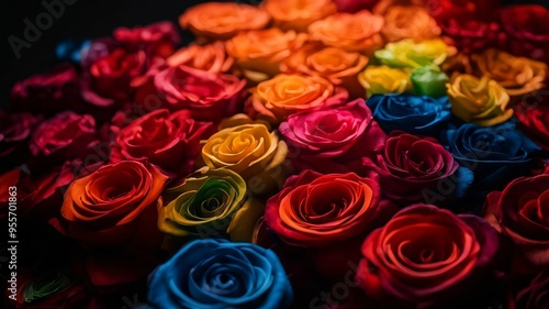 Floral background with rainbow colored roses top view. Beautiful rainbow colored rose close up. Macro rose on the table. Colorful rainbow rose with petals. Panorama. Banner. Space for text and design #955701863