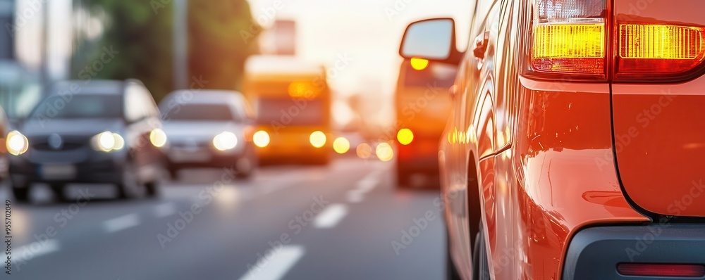 Morning rush hour with cars and buses, Monday morning, hustle and bustle Morning rush hour with cars and buses, Monday morning, hustle and bustle