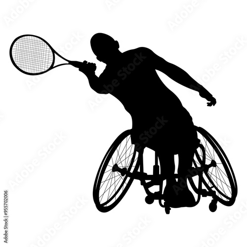 Tennis player with disabilities silhouette.Disabled wheelchair athlete playing tennis.Vector illustration.