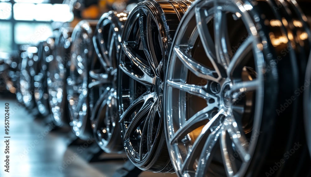 Impressive collection of luxury car rims showcased in a high end wheel retail shop display Impressive collection of luxury car rims showcased in a high end wheel retail shop display