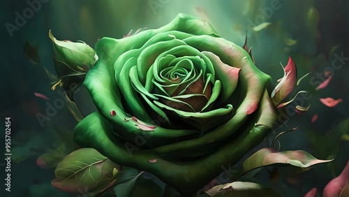 Wallpaper Mural Floral background with green roses top view. Beautiful green rose close up. Macro rose on the table. Green rose with petals. Panorama. Banner. Space for text and design Torontodigital.ca