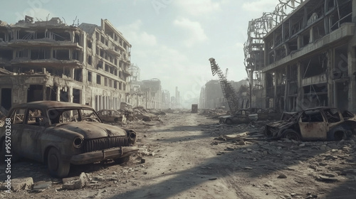 Scena zniszczonego miasta po apokalipsie, gdzie spalone pojazdy leżą na zrujnowanych ulicach, a budynki są w stanie ruiny. 