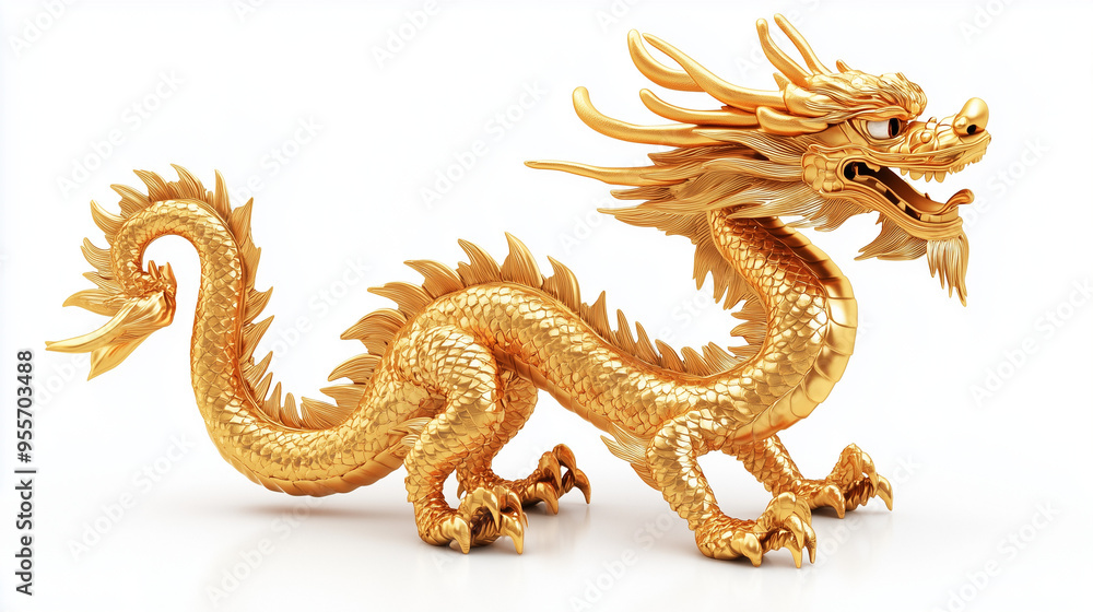Obraz premium Złoty chiński smok wyróżniający się na czystym, białym tle. Jego bogato zdobione detale i tradycyjny wygląd nadają mu królewski i dostojny charakter.