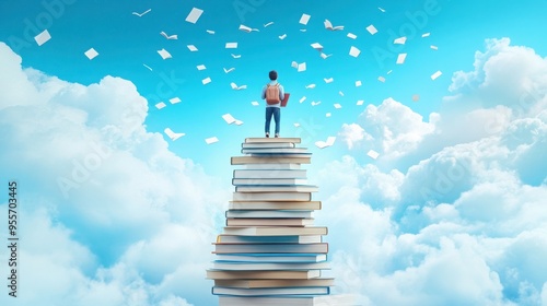 A person stands on a stack of books, surrounded by floating pages, symbolizing knowledge and dreams in a vibrant sky.