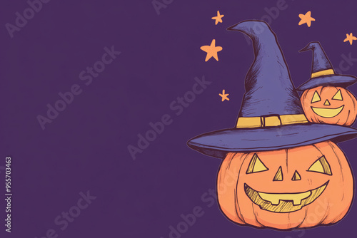 Pumpkin jack o lantern in witch hat, stars on purple background illustration. Halloween banner with free space for text