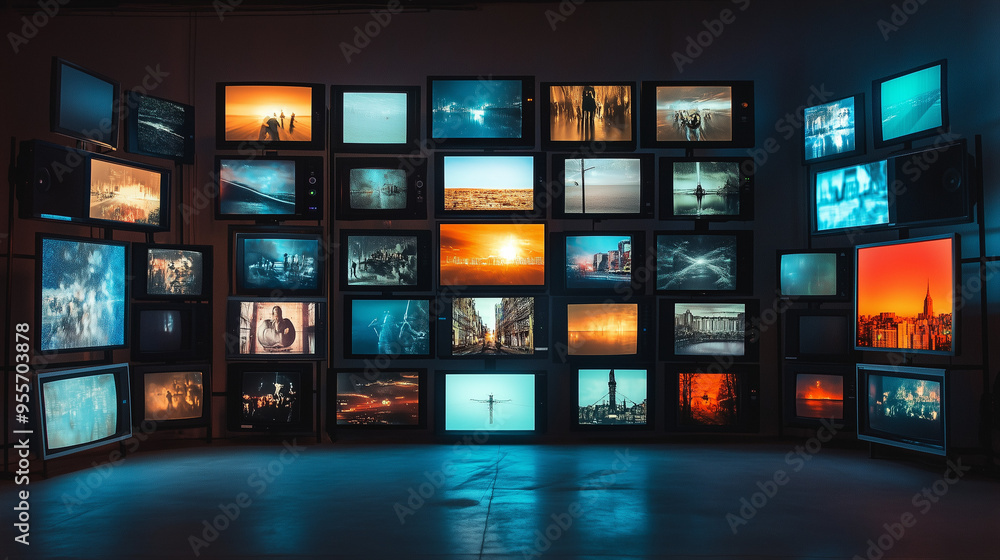 Grupa telewizorów wyświetlających różnorodne obrazy i multimedia. Ekrany pokazują różne treści, takie jak filmy, zdjęcia i grafiki, tworząc kolorowy i wieloaspektowy widok. Grupa telewizorów wyświetlających różnorodne obrazy i multimedia. Ekrany pokazują różne treści, takie jak filmy, zdjęcia i grafiki, tworząc kolorowy i wieloaspektowy widok.