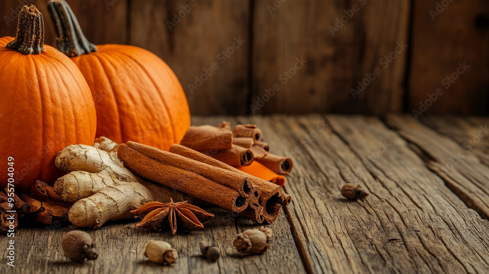 Fototapeta premium pumpkin spice background. pumpkin spice, Warm Autumn Seasonal Pumpkin Spice Featuring Cinnamon, Nutmeg, ginger, allspice, pumpkin background, spice background on wooden background. Top view, copy s