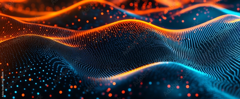 Abstract digital wave of particles with orange and blue glowing lines. Abstract digital wave of particles with orange and blue glowing lines.