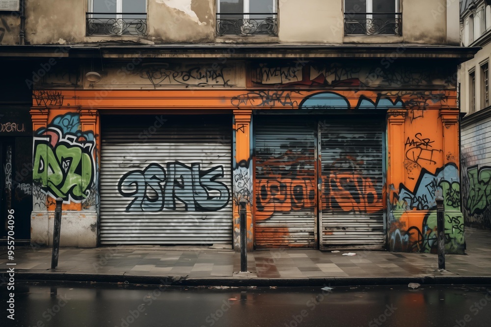 A building featuring vibrant graffiti art on its exterior wall, showcasing urban creativity and expression. A building featuring vibrant graffiti art on its exterior wall, showcasing urban creativity and expression.