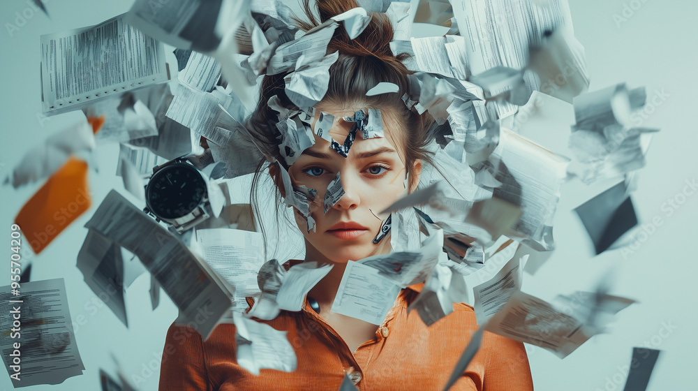 Naklejka premium Młoda kobieta otoczona dokumentami i zegarkami, ilustrująca problem zarządzania czasem oraz chroniczne zmęczenie związane z nadmiernym obciążeniem.