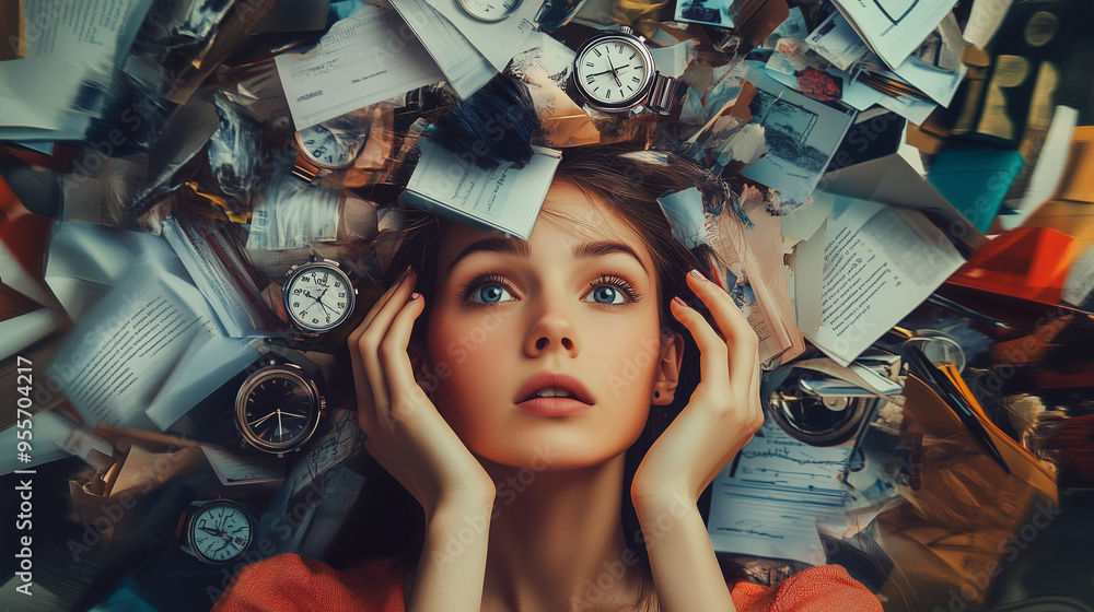 Naklejka premium Młoda kobieta otoczona dokumentami i zegarkami, ilustrująca problem zarządzania czasem oraz chroniczne zmęczenie związane z nadmiernym obciążeniem.