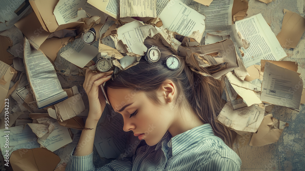 Naklejka premium Młoda kobieta otoczona dokumentami i zegarkami, ilustrująca problem zarządzania czasem oraz chroniczne zmęczenie związane z nadmiernym obciążeniem.