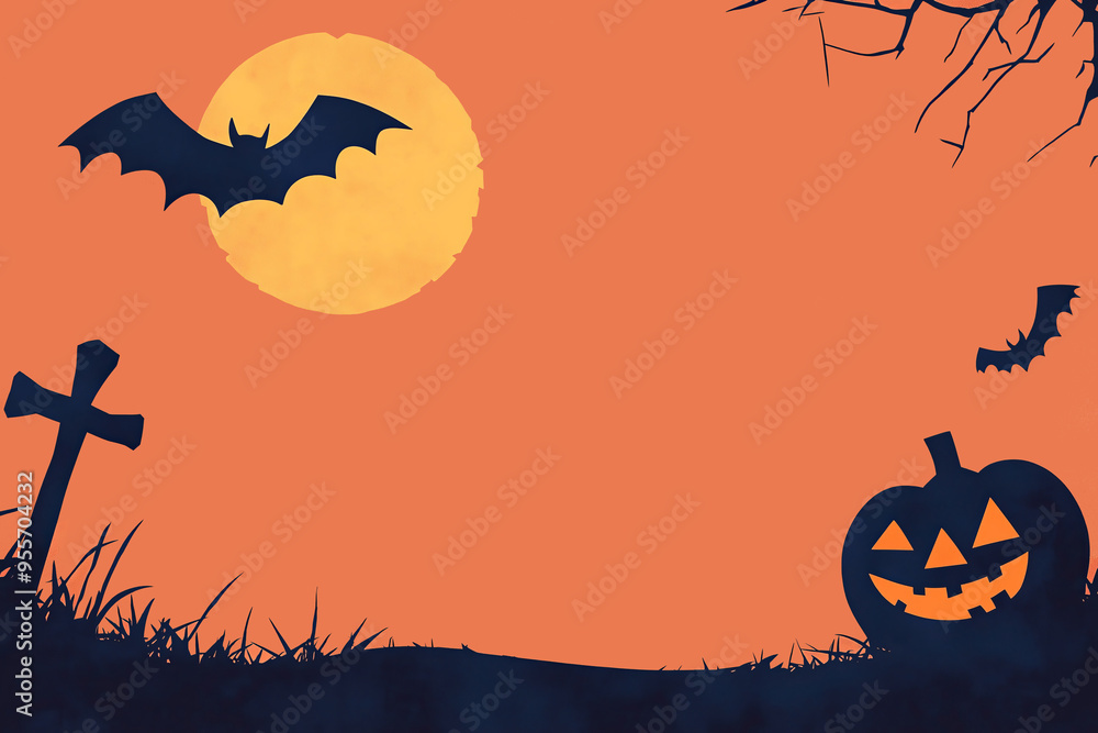 Fototapeta premium Halloween pumpkins jack lantern, bat, tree branch and on night background with full Moon, Silhouette illustration. Orange and black color element. Free space for text