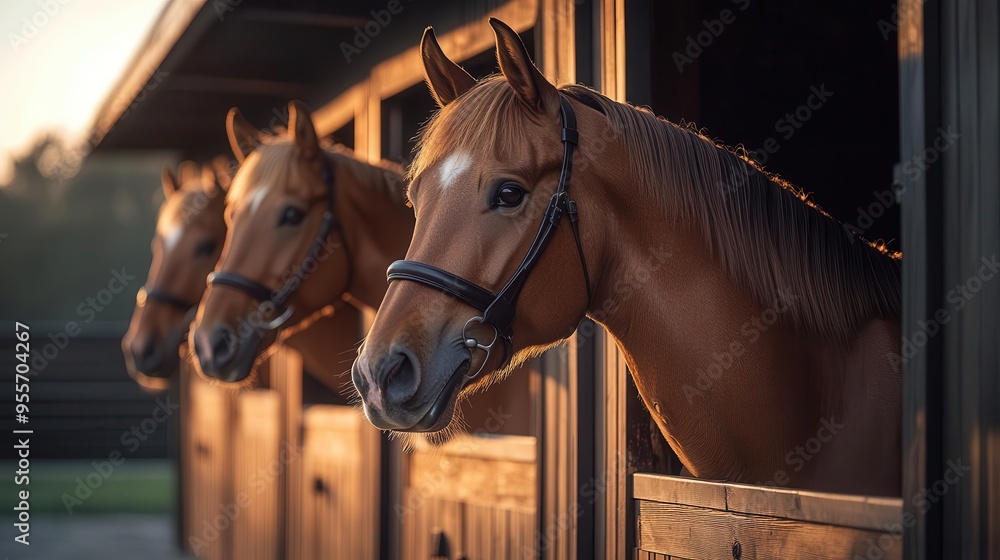 Fototapeta premium modern equestrian haven sleek minimalist stable interior with three curious horses peeking from polished wood stalls bathed in soft natural light