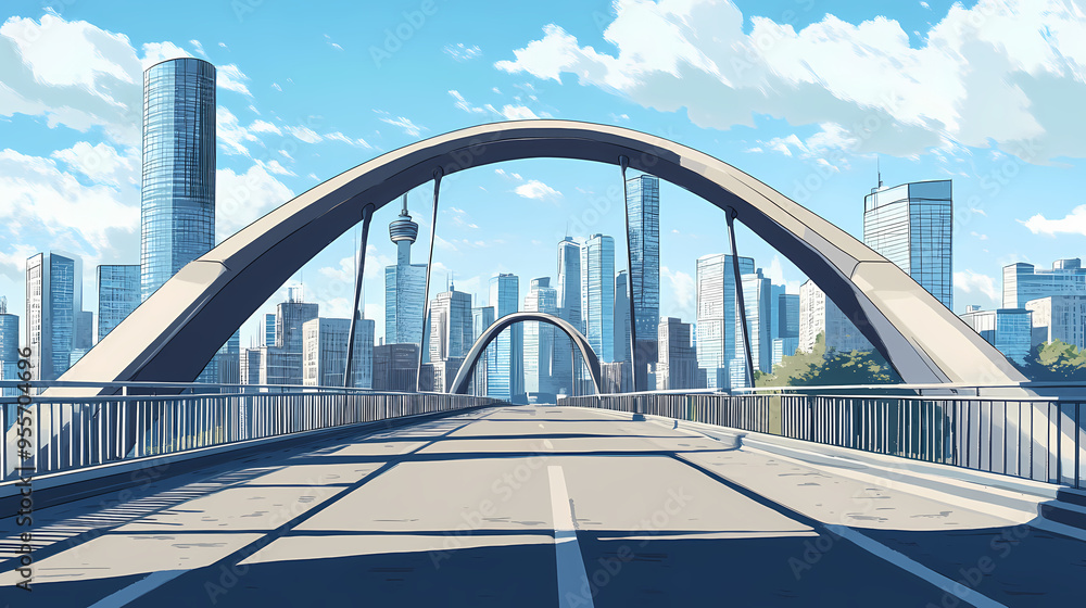Arched modern bridge with city skyline background. Bridge. Illustration