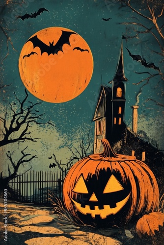 Halloween 80s background. Halloween pumpkins jack lantern, bat and old castle on night background with full Moon, illustration. Halloween retro background. Orange and black color element