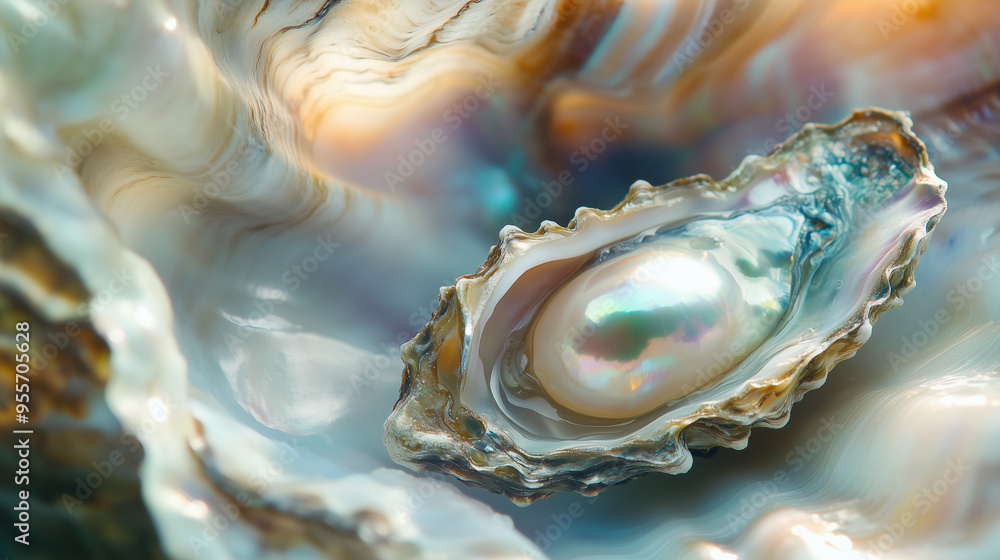 Close-up of an iridescent pearl inside an oyster, ideal for luxury and jewelry themes. Close-up of an iridescent pearl inside an oyster, ideal for luxury and jewelry themes.