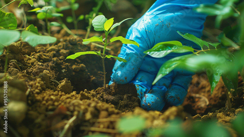 Closeup of hand planting tree in soil photo