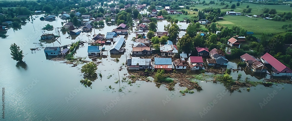 Aerial view of a flooded village with houses submerged in water. Aerial view of a flooded village with houses submerged in water.