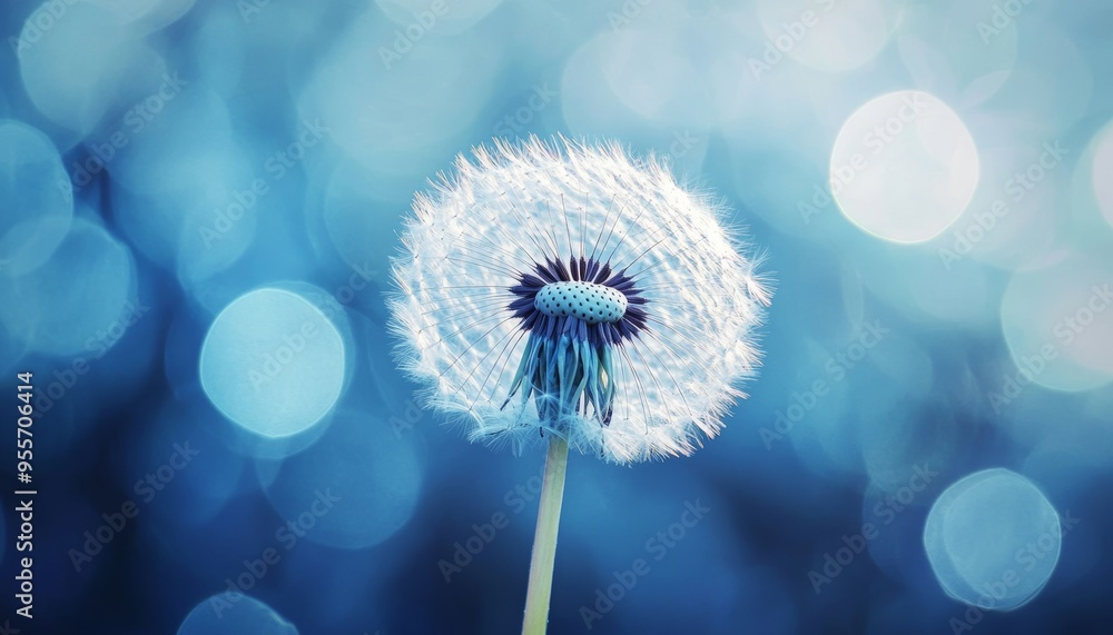 Fototapeta premium Close up photography of a dandelion against a blue nature background capturing delicate details