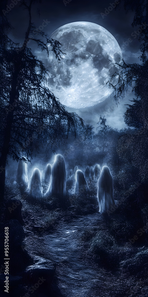 Fototapeta premium Dark Forest with Ghostly Apparitions and Full Moon