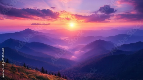 mystic mountain sunrise golden light pierces through misty valleys silhouetted peaks against a vibrant sky of pinks and purples serene aweinspiring atmosphere