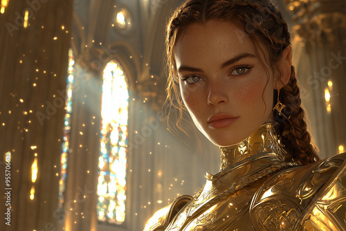 serene elven female warrior with braided hair and golden armor standing in a sunlit sacred hall