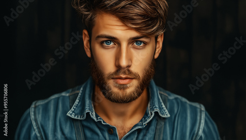 Portrait of a young man with a beard in a denim shirt against a wooden wall.