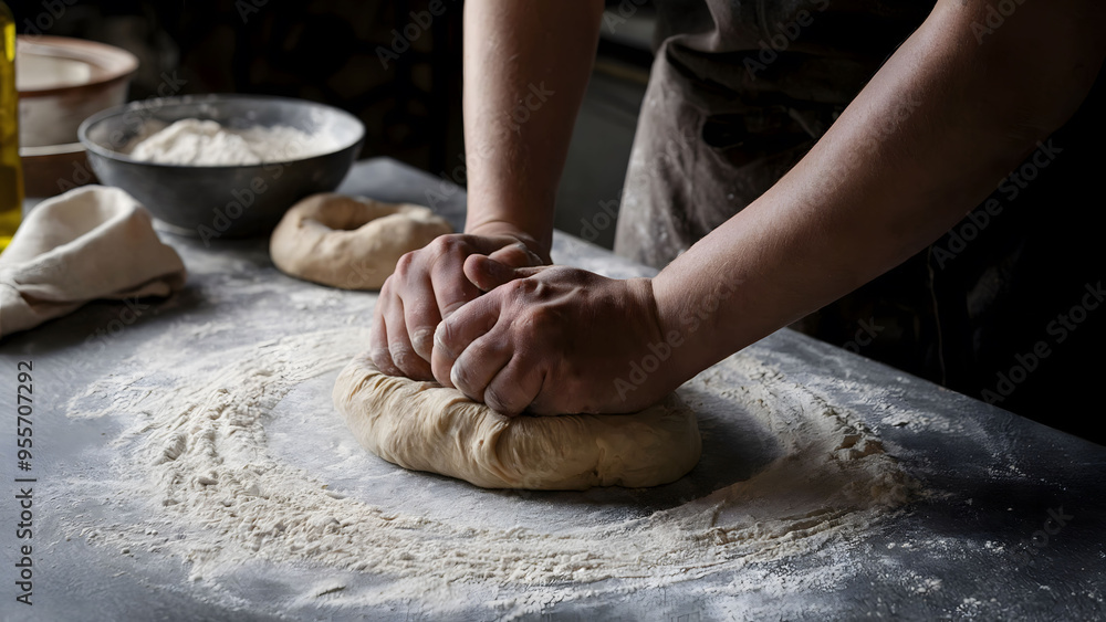 Close-up of Hands Kneading Dough on a Floured Surface in a Rustic Kitchen Setting Close-up of Hands Kneading Dough on a Floured Surface in a Rustic Kitchen Setting