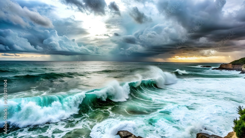 Fototapeta premium dark waves crashing beneath stormy clouds in the ocean