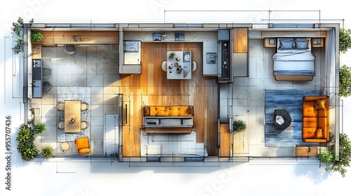 Wallpaper Mural Blueprint of luxury apartment with detailed layouts furniture placement and dimensions Torontodigital.ca
