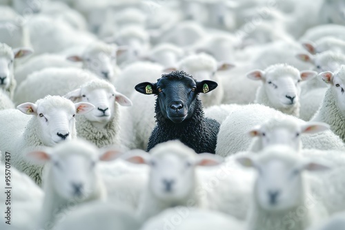 A unique black sheep among white sheep  symbolizing individuality in a sea of conformity