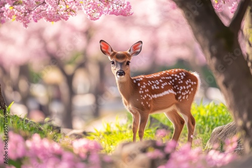 Stunning deer gracefully wandering through vibrant cherry blossoms in tokyo s scenic park, japan photo