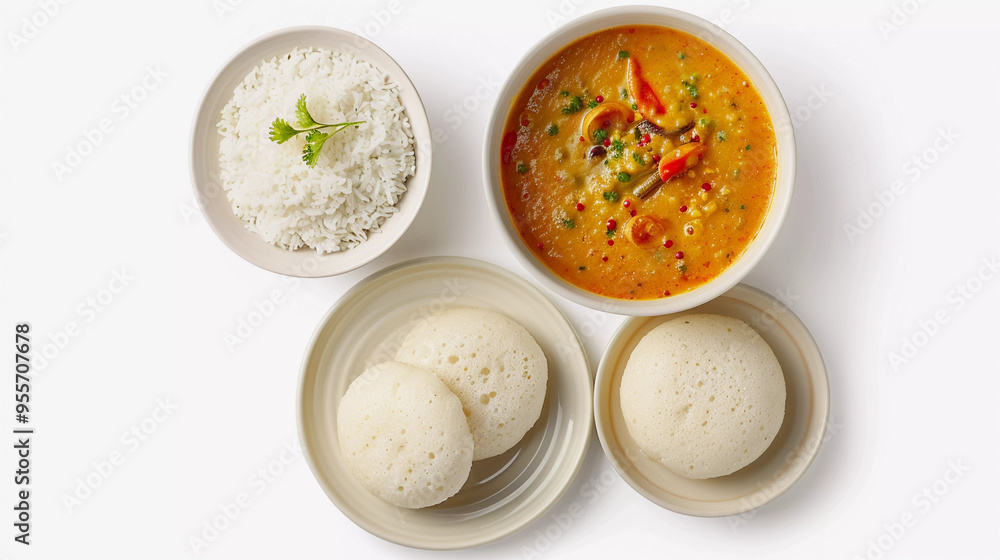 Top view of idli sambar and rice on white background Top view of idli sambar and rice on white background