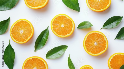 Fresh orange slices and green leaves arranged on a white background.