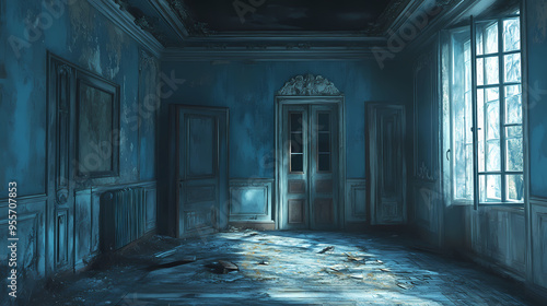 Abandoned vintage room with blue walls and peeling paint, spooky empty interior of a derelict mansion, eerie haunted house atmosphere with moonlight
