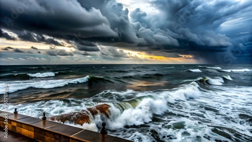 turbulent ocean scene with dark clouds and waves photo