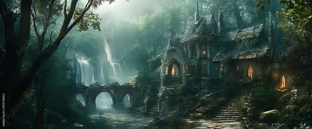 Obraz premium Stone cottage nestled in a lush forest with a cascading waterfall and a stone bridge.