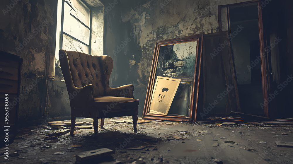 Old abandoned room with dirty chair, paintings peeled and horror, creepy atmostphere. Abandoned. Illustration Old abandoned room with dirty chair, paintings peeled and horror, creepy atmostphere. Abandoned. Illustration