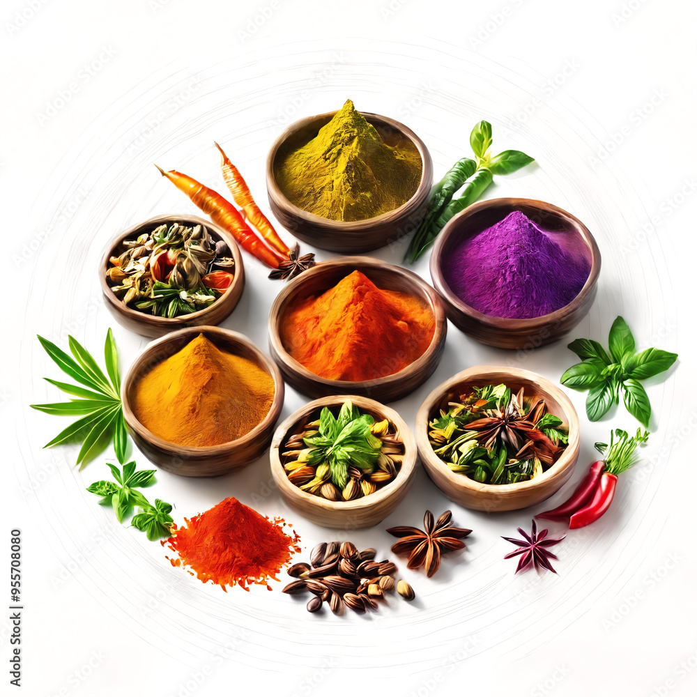 A variety of spices and seasonings displayed in wooden bowls. The spices are colorful and visually appealing, making the arrangement an attractive display of various seasonings.