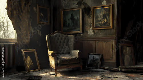 Old abandoned room with dirty chair, paintings peeled and horror, creepy atmostphere. Abandoned. Illustration photo