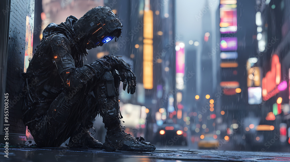 Abandoned homeless humanoid in the city streets, made with generative ai. Abandoned. Illustration Abandoned homeless humanoid in the city streets, made with generative ai. Abandoned. Illustration