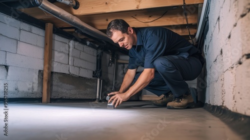 A technician inspecting a basement for moisture issues during a routine maintenance check in residential property