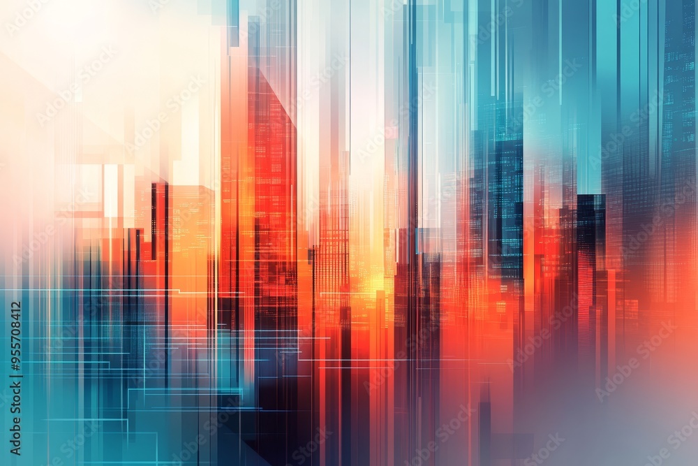 Abstract technology background with blurred cityscape and geometric shapes in vibrant colors Abstract technology background with blurred cityscape and geometric shapes in vibrant colors